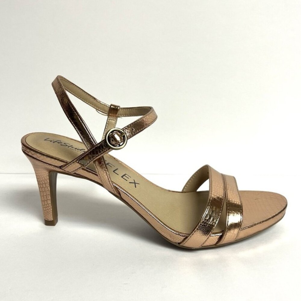 Life Stride Rose Gold Metallic Strappy Mid Heel Sandals
